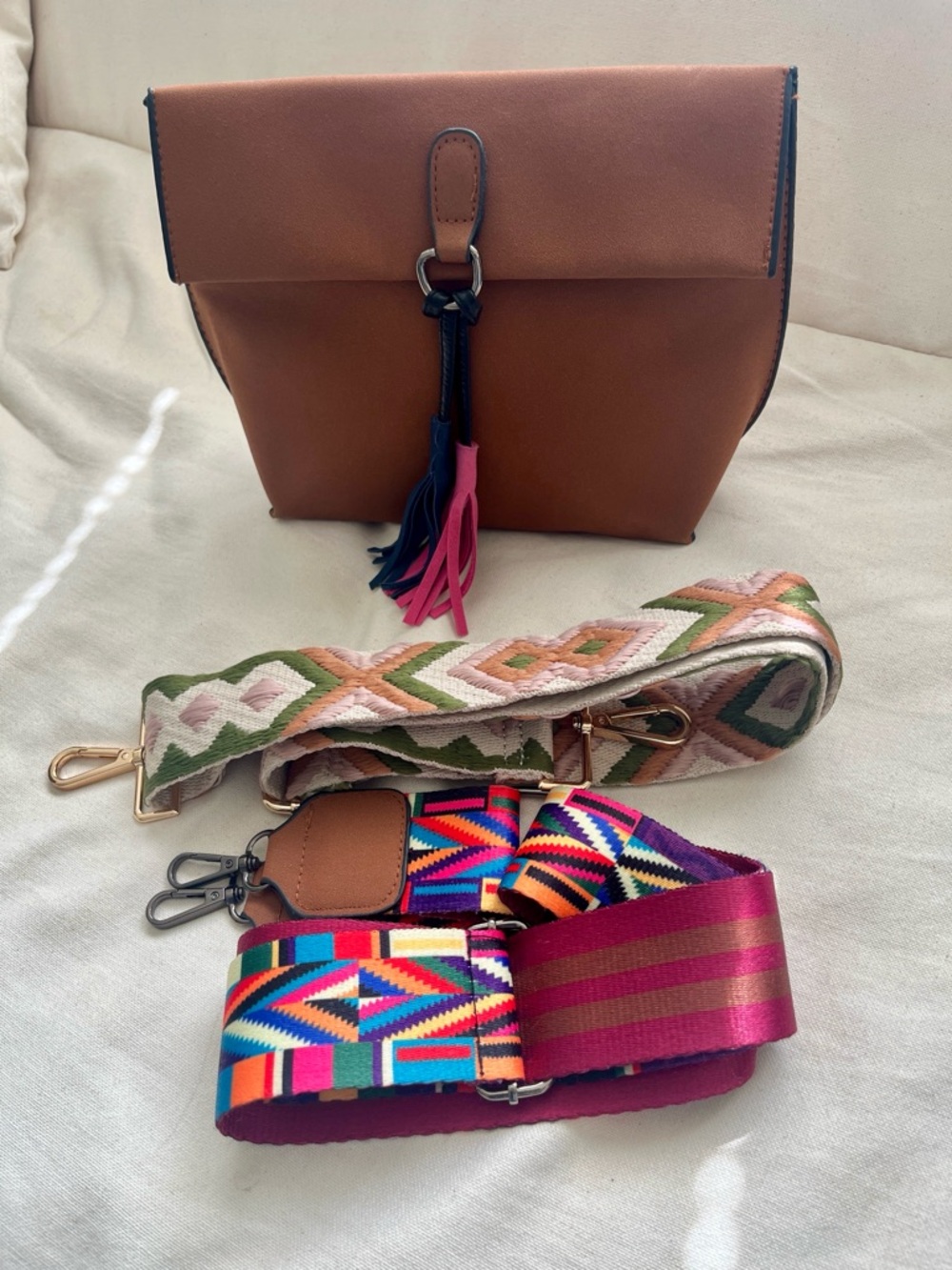 Leather Crossbody Bag with Tassel Accent - Brown